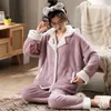 Pijamas femininos 2 peças conjunto coreano pijamas engrossados veludo pijamas kawaii inverno coral velo casa roupas lounge wear