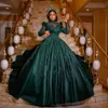 Satin Gorgeous Hunter Green Prom Dresses for Arabic Women 2023 High Neck Long Sleeves Lace Appliques Plus Size Formal Evening Ocn Gowns