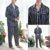 Homens sleepwear homens listra manga longa nightwear lapela bolso roupa interior ultra-fino conjunto de pijama de seda respirável casual homewear