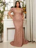 Plus size Dresses Missord Size Vneck Short Sleeves Sequin Mermaid Hem Evening Dress Wedding Party Elegant Formal Dres Prom Gown 230906