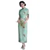 Etnisk kläder sommar blommig långgrön förbättrad cheongsam elegant söt prestanda kinesisk traditionell stil kvällsklänning qipao för
