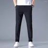 Men's Pants Men Straight Leg Elastic Waist Pockets Slim Fit Ice Silk Summer Trousers Sport Solid Color Ankle Length