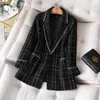 Damen-Wollmischungen, übergroße karierte Tweed-Jacke, koreanische Mode, Langarm-Blazer-Mantel, Bürodame, elegante Single-Button-Outwear in Übergröße, 230905