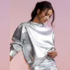 Bluza damska Silver Metallic PU dla kobiet z długim rękawem błyszczące topy High Street punk Glitter Autumn strój