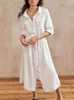 Casual Shirt Dress Women 2023 Summer Linen Lace Up Single Breasted Midi Female Dresses Solid Side Split Elegant Lady Robe