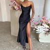 Casual Dresses Women Satin Dress Sleeveless Spaghetti Strap Cowl Neck Summer Ruched Bodycon High Slit Formal Turtleneck