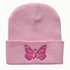 Berets Pink Ribbon Butterfly Beanie Cap For Women Girls Breast Cancer Awareness Skull Hat Fashion Knitted Embroider Bonnet Friend Gifts