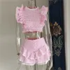 Two Piece Dress High Quality 2023 Sunday Set elastic waistband Cropped top with ruffle detail and cute mini shorts skirts 230906