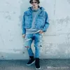 Męskie dżinsy Sinvedge Zamek zniszczony chude szczupły dopasowanie Justin Vintage Ripped Blue Denim267h