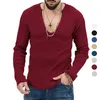 Herensweaters Katoenen top Dieptepuntoverhemd Trendy lente en herfst Diepe V-hals Effen kleur Gebreid met lange mouwen