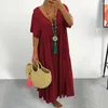 Casual Dresses Lady Long Dress Vintage Pleated V-neck Maxi Soft Solid Color Summer Style With Short Sleeves Loose Hem Women