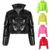 Womens Jackets Women Long Sleeve Zipper Puffer Jacket Shiny Metallic Faux Leather Cropped Coat Y3NE 230906