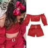 Giyim Setleri 2023 Sevimli Bebek Bebek Kız Giysileri Yaz Kid Omuz Kapalı Omuz Üstü Kemer Şort Kıyafet Sunsuit Moda 2 PCS 1-5y