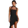 Casual Dresses Halter Neck Ruffle Mini Dress Pink Strapless Asymmetrical Bodycon Summer Elegant Party For Women 2023