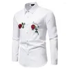 Herrenhemden 2023 Hemd Rose Stickerei Casual Langarm Slim Fit Mode für Männer