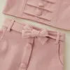 Kleidung Sets Baby Mädchen 2PCS Outfits Einfarbig Knöpfe Fliege Sling Straps Crop Tops Mini Rock Mit Taille Gürtel sommer Süße Set