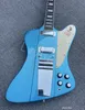 Electric guitar solid metalic blue cream pickgaurd with even pickguard gap chrome parts no tuners holes no bridge