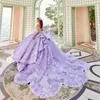 Gorgeous Lace Ball Gown Quinceanera Dresses 3D Appliqued Prom Gowns With Wrap V Neckline Cathedral Train Sweet 15 Rhinestones Masquerade Dress