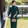 Roupas étnicas Elegante Colar de Lã de Inverno Estilo Chinês Xadrez Stand Mulheres Verde Cheongsam Qipao Vestido Tradicional