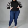 Women's Plus Size TShirt Spring Autumn Clothe Black ONeck Patchwork Leopard Lantern Long Sleeve Casual Striped Print Slim Tops 230905