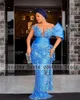 Party Dresses Aso Ebi Sky Blue Lace Mermaid Evening Africa For Women 2023 One Shoulder Pärled Applices Formal Wedding Clown