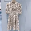 2023 Summer White Polka Dot Ribbon Tie Bowknot Dress Short Sleeve Round Neck Buttons Knee-Length Casual Dresses S3S01M093