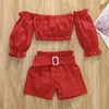 Giyim Setleri 2023 Sevimli Bebek Bebek Kız Giysileri Yaz Kid Omuz Kapalı Omuz Üstü Kemer Şort Kıyafet Sunsuit Moda 2 PCS 1-5y