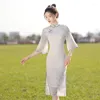 Etniska kläder vinter kort ärm cheongsam stativ krage mode kinesisk traditionell chiffong hög delad qipao