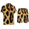 Herrespår leopardtryck män sätter mode djur casual shorts sommar hawaii semester skjorta set kort ärm design stor storlek kostym gåva