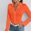 Blusas femininas moda single-breasted sólido tops blusa com nervuras tecido listrado camisa fina eelgant lapela camisas de manga longa