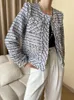 Giacche da donna sciolte in fit blu tweed grandi dimensioni Giacca elegante a maniche lunghe a collo lungo femmina cappotto alla moda molla primavera autunno O589