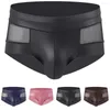 Cuecas masculinas sexy grande bolsa de escroto boxer shorts ver através de cuecas respiráveis calcinhas de malha de couro sedutor