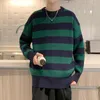 Men's Sweaters Striped Sweater Autumn Pullover Harajuku Street Green Round Neck Knit