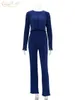 Женские брюки из двух предметов Clacive, модные комплекты футболок с длинными рукавами, облегающий синий плиссированный комплект, уличная одежда, элегантные широкие брючные костюмы 230905