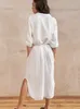 Casual Shirt Dress Women 2023 Summer Linen Lace Up Single Breasted Midi Female Dresses Solid Side Split Elegant Lady Robe