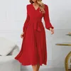 Basic Casual Dresses Long Sleeve Slim Dresses Woman Party Night Pleated Belt V Neck A Line Dress Ruffle Hem Flowy Midi Dresses 230906