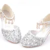 New Girls' High Heel Shoes Sequins Spring and Autumn Middle School Children's Princess Shoes Student Performance Shoes Baotou Sandals