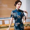 Roupas étnicas Elegante Primavera e Outono Mid-Length Split Cheongsam Estilo Chinês Melhorado Slim-Fit Banquete Vestido Azul Escuro Qipao