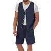 Herrespår 2023 Sommarväst och shorts Casual Two Piece Set Cotton Linen Solid ärmlös Button Cardigan Tank Top Suits Outfits Man