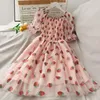 Strawberry Dress Sexiga klänningar för kvinnor Deep v Puff Sleeve Robe Femme Kawaii276u