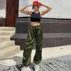 Calças femininas verão moda cetim carga calça mulheres y2k streetwear sólido cintura alta cordão calças retas casual solto jogger senhora