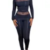 Women's Two Piece Pants Sheer Mesh Boat Neck Crop Top & Set Solid Color Autumn Women Slim Fit O Black High Waist Full Sleeve Fashion