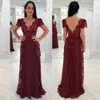 Burgundy Lace Mother of the Bride Dresses V Neck A line Backless Evening Gowns With Short Sleeves Chiffon Floor Length Wedding Guest Dress