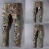 Dżinsy męskie włoski styl dżinsy armii zielony kamuflaż patchwork Casual Pants Slim Fit Brand Streetwear Stretch Biker309v