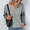 Damessweaters Kleurblok Luipaardprint Trui met strik aan de voorkant en mouwen Zomertops voor dames op kantoor