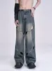 Jeans pour hommes Yihanke Mâle Y2K High Street Patchwork Lâche Hommes Creux Tendance Vintage Bouton Métal Droit Denim Pantalon Large Jambe
