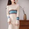 Kadın Sweaters Yüksek Kaliteli Merino Yün Örme Temel Sweater yaka Uzun kazak Sonbahar Elbise Kore Moda Top