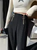 Womens Pants Capris Autumn Vintage Chinese Style Solid High Waist Wide Leg Spring Casaul Loose Black Soft Full Length Trousers 230905