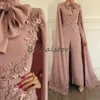 Blush Pink Dubai Abaya Evening Dresses High Neck Kaftan Muslim Prom Jumpsuit Dresses Evening Wear With Beaded Long Sleeve Formal C252d