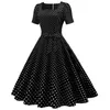 Casual Dresses Women Female Vintage Polk Dot Print Dress Short Sleeve Elegant 1950s Cocktail Party Belted A-Line Swing Flowy Summer